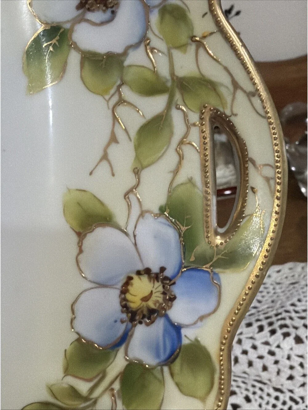 Antique Nippon Hand Painted Porcelain Vanity Tray Gold Blue White Floral Japan